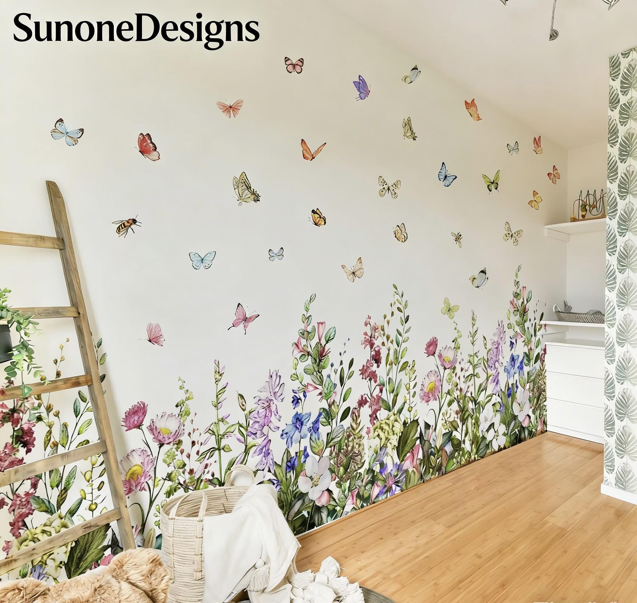 Large Flower Wall Corner Decals Garden Floral Butterflies Baseboard ...