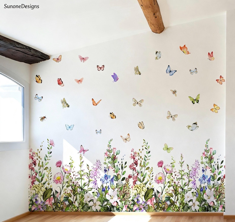 Large Flower Wall Corner Decals Garden Floral Butterflies Baseboard ...