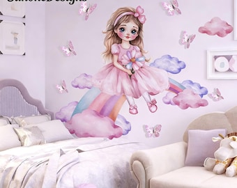 3D butterfly wall stickers,fairy stickers,cute girl stickers,rainbow wall sticker Kids Room DIY Art Toddler Baby Nursery Afro Door Wallpaper
