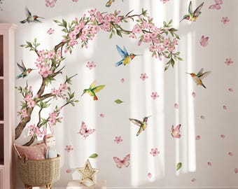 Cherry Blossom Wall Sticker ,Pink Blossom Bird Branch Stickers Removable DIY Tree Murals Peel and Stick for Bedroom or Living Room Decor