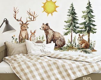 Large Watercolor Pine Tree Woodland Animals Wall Decals Peel and Stick Removable Wall Stickers for Nursery Bedroom Living Room