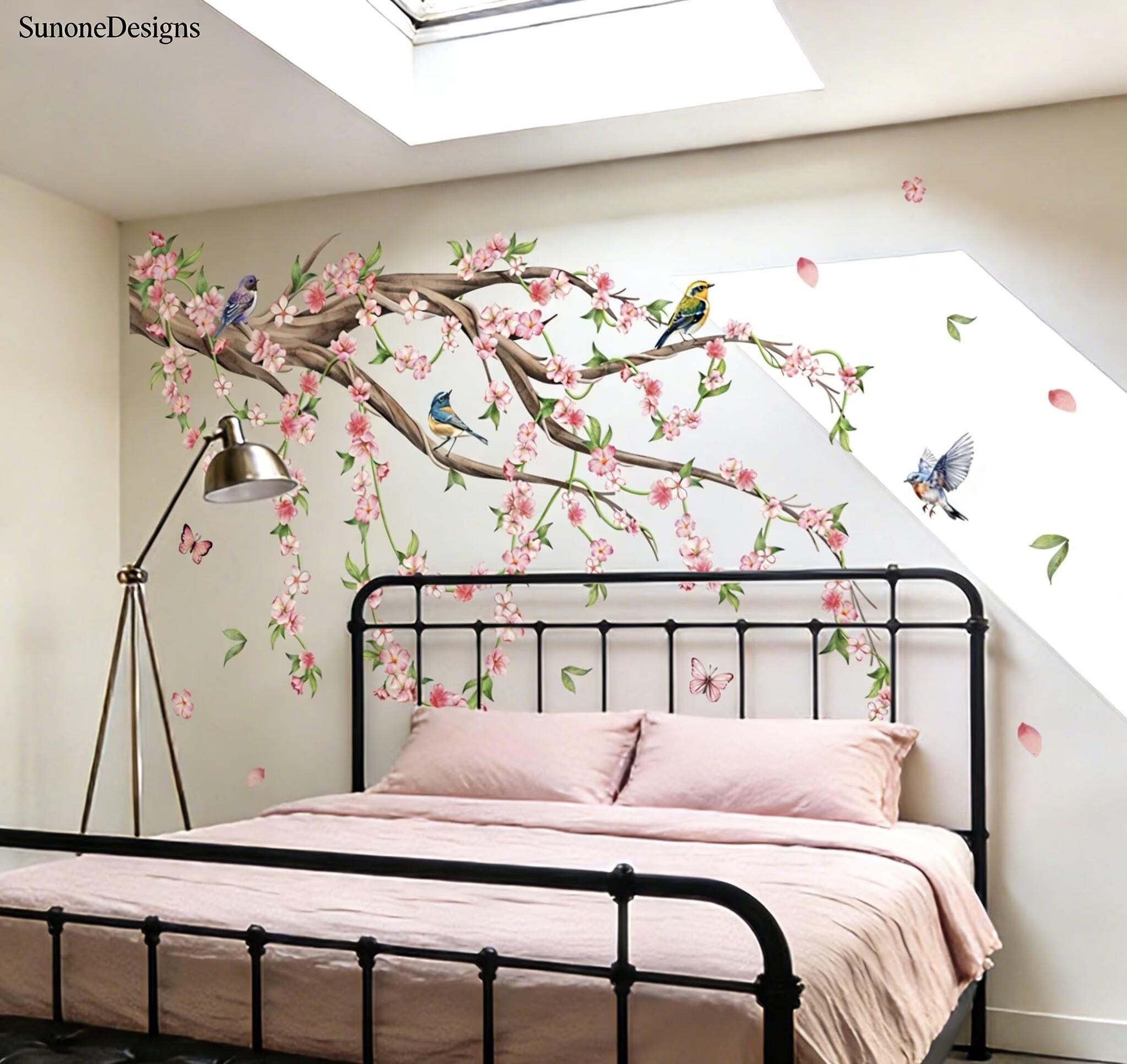 Cherry Blossom Tree Branch Wall Decals Tree Sticker Pink Flower Birds ...