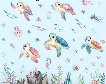 Ocean World decals Sea Turtles Ocean Wall Decals Under The Sea Coral Seaweed Jellyfish Wall Stickers Baby Nursery Kids Bedroom Bathroom
