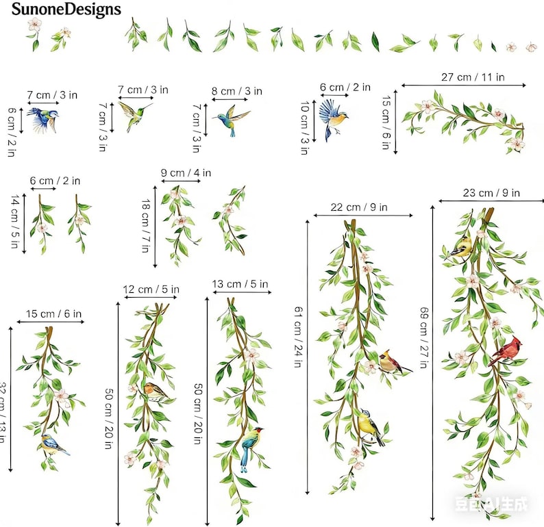 Hanging Vine Wall Decals Birds Green Leaf Wall Stickers Peel and Stick ...
