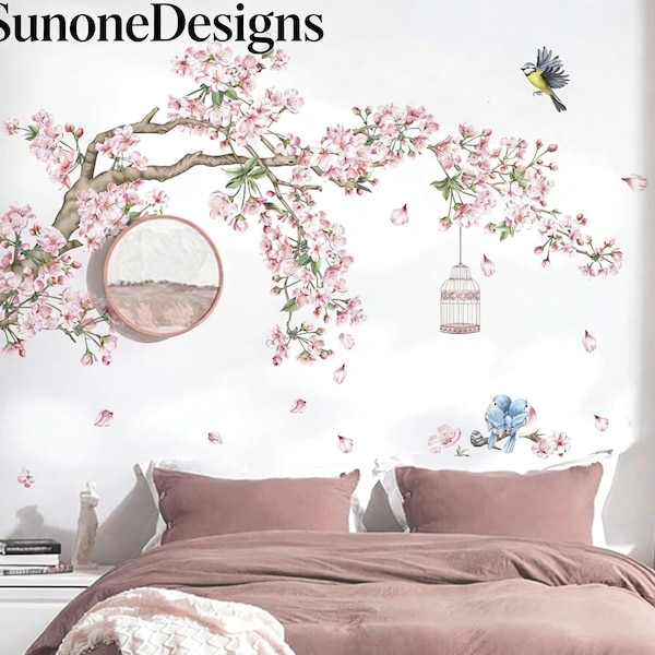 Cherry Blossom Flower Vine Wall Decals Hanging Floral Tree Branch Birds Wall Stickers Peel and Stick Living Room Bedroom Office Wall Decor