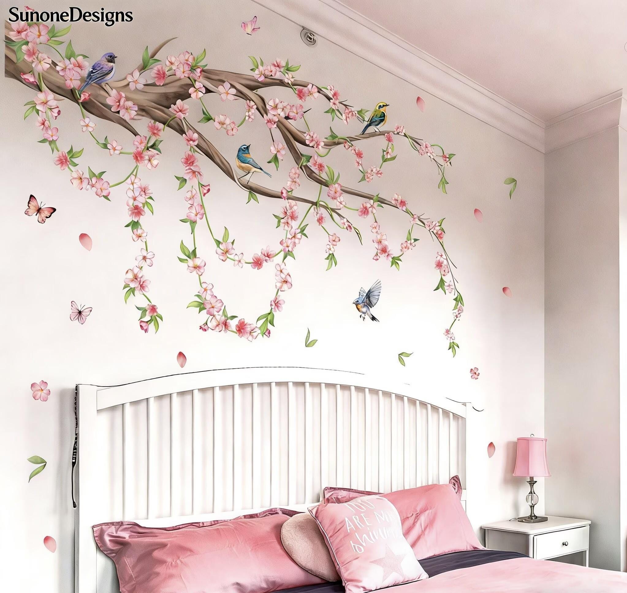 Cherry Blossom Tree Branch Wall Decals Tree Sticker Pink Flower Birds ...