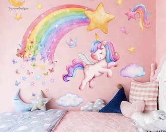 Rainbow Wall Stickers Clouds Unicorn wall stickers Peel and Stick Wall Art Decals for Girls Bedroom Kids Room Baby Nursery Playroom Decor