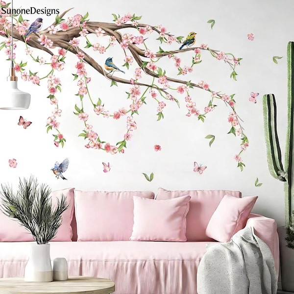 Cherry Blossom Tree Branch Wall Decals tree sticker Pink Flower Birds Wall Stickers Peel and Stick Bedroom Living Room Sofa TV Background