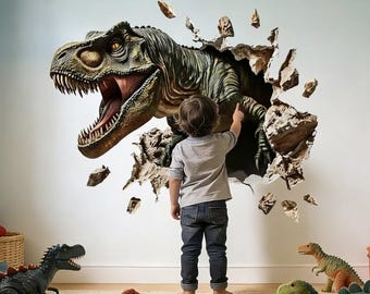 Dinosaur Wall Decal ,3D Breakthrough Wall Sticker,Hyper Realistic TRex Mural,Removable Dinosaur Bedroom Decor Boys Room Gift