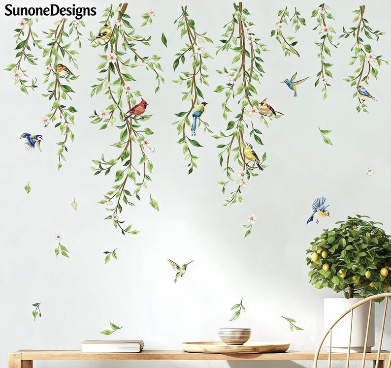 Hanging Vine Wall Decals Birds Green Leaf Wall Stickers Peel and Stick ...