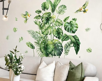 Large Tropical Leaves Wall Decals, Jungle Green Wall Sticker Plant Decoration Peel and Stick Wall Art Decals for Kids Bedroom Baby Nursery