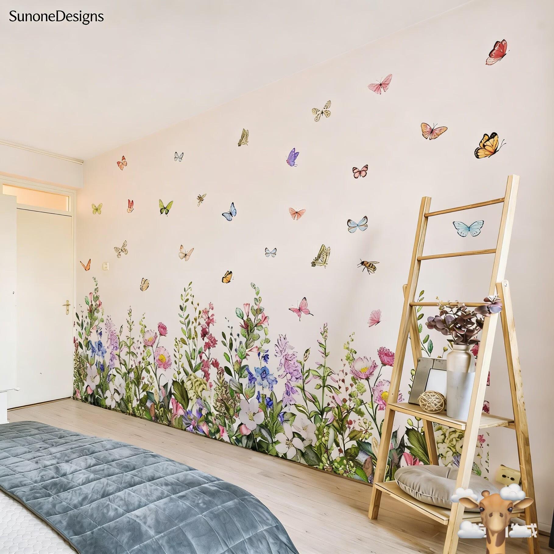 Large Flower Wall Corner Decals Garden Floral Butterflies Baseboard ...