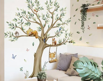 Large Green Tree Wall Stickers, tree & bird  Wall Decals Plant decals Leaves Branch Wall Murals Decor for Living Room Bedroom