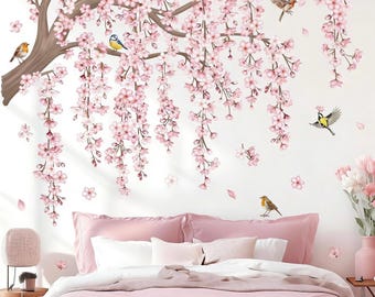 Large Pink Flower Tree Branch Wall Decals Cherry Blossom Tree Floral Birds Wall Stickers Living Room Bedroom Tv Background Wall Decor