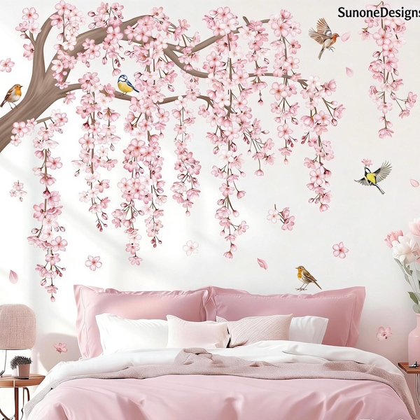 Large Pink Flower Tree Branch Wall Decals Cherry Blossom Tree Floral Birds Wall Stickers Living Room Bedroom Tv Background Wall Decor