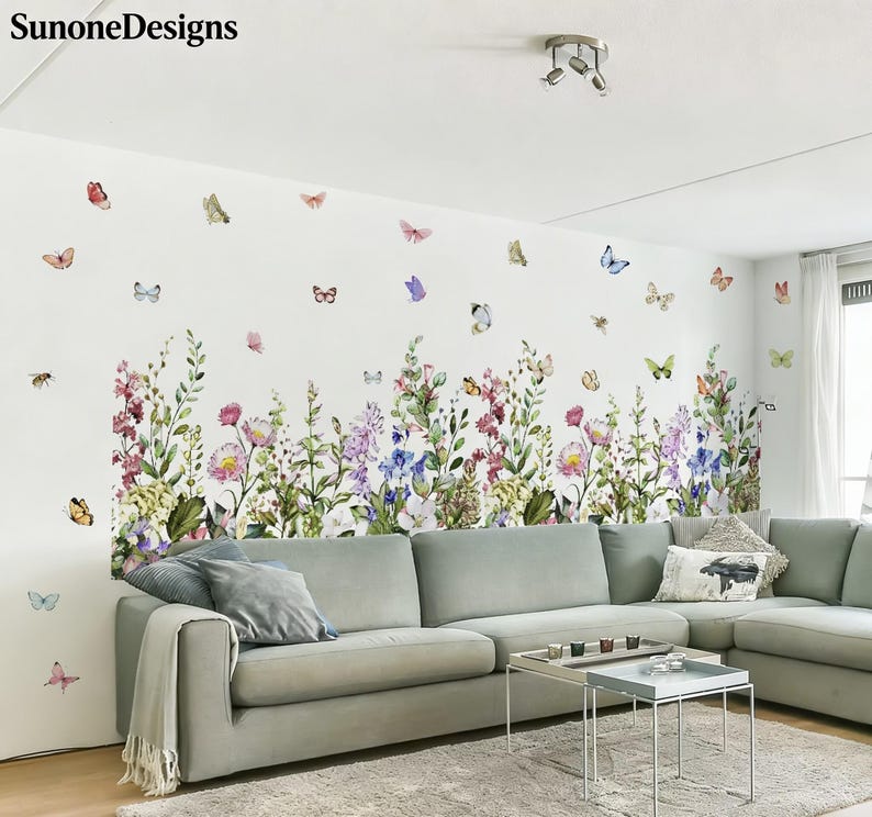 Large Flower Wall Corner Decals Garden Floral Butterflies Baseboard ...