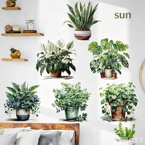 Può includere: Una collezione di adesivi murali raffiguranti varie piante in vaso, tra cui una sansevieria, uno spatifillo, una monstera e piante rampicanti. La parola sun è stampata in alto a destra su una parete bianca sopra una testiera del letto in legno.