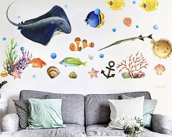 Large Watercolor Sharks Wall Decals Ocean Animal Peel and Stick Wall Sticker Under The Sea Marine Life Theme Decals Nursery Room Home Decor