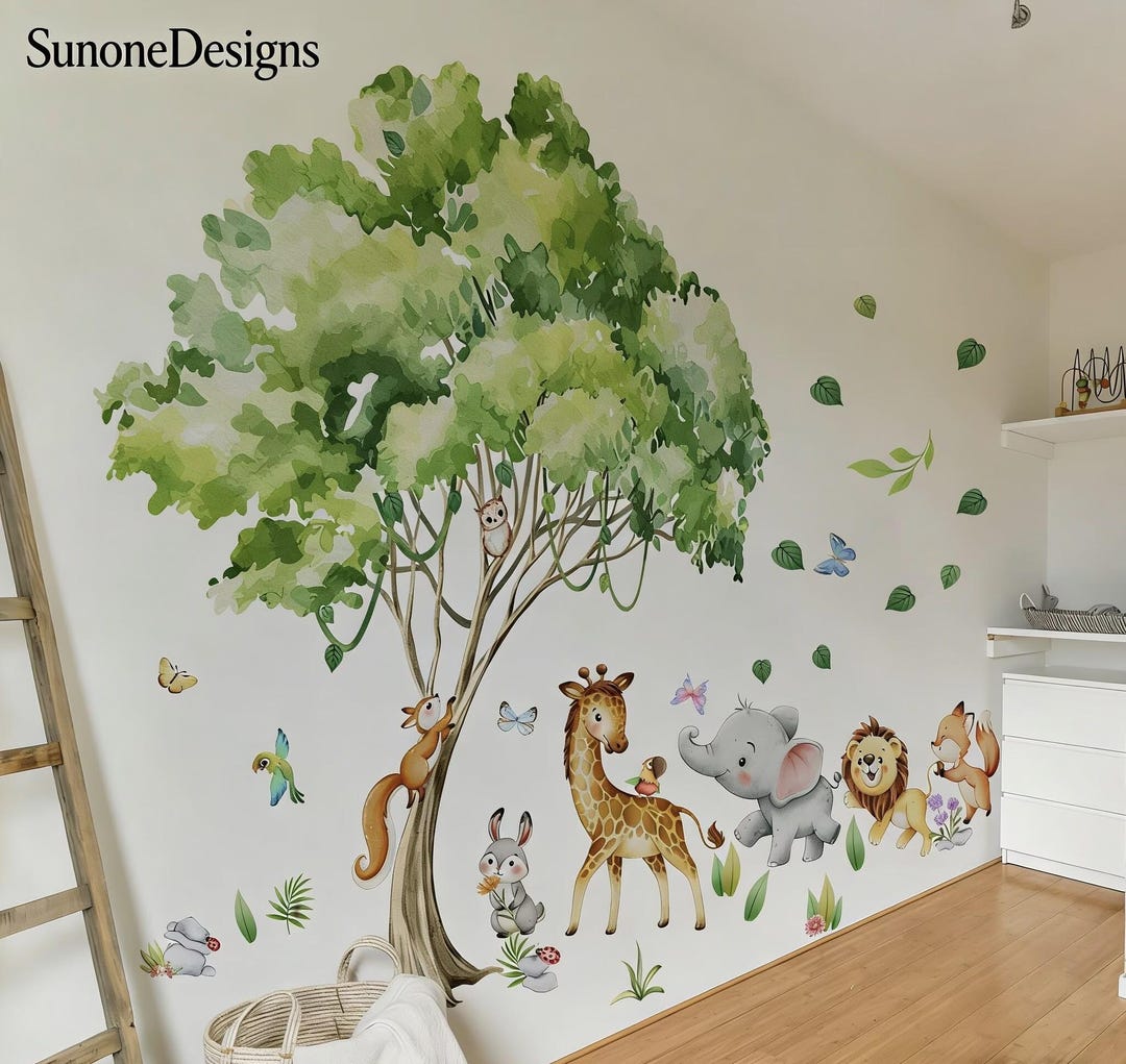 Jungle Animals Tree Wall Decals Safari Lion Elephant Fox Wall Stickers ...
