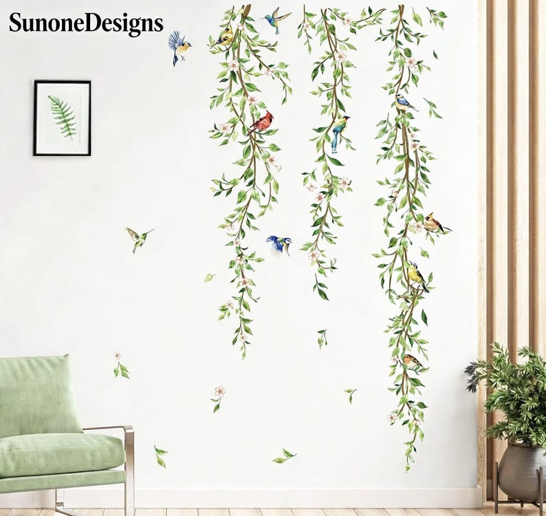 Hanging Vine Wall Decals Birds Green Leaf Wall Stickers Peel and Stick ...