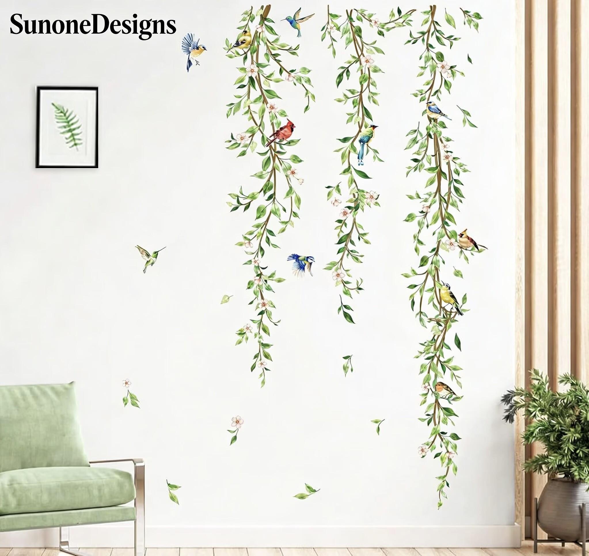 Hanging Vine Wall Decals Birds Green Leaf Wall Stickers Peel and Stick ...