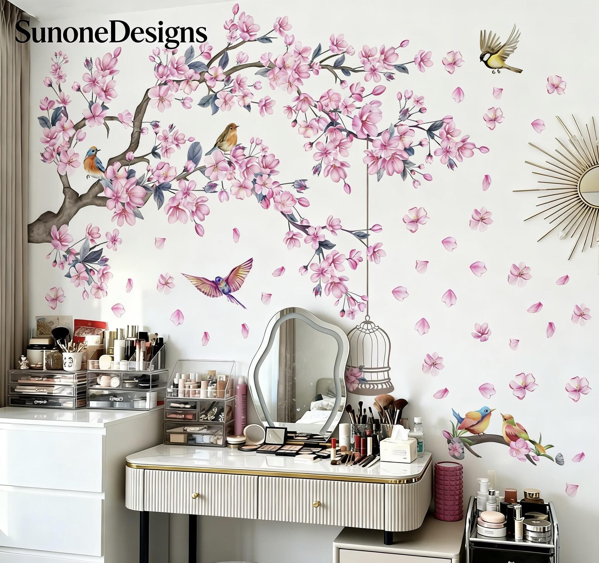 Cherry Blossom Tree Branch Wall Decals Tree Sticker Pink Flower Birds ...