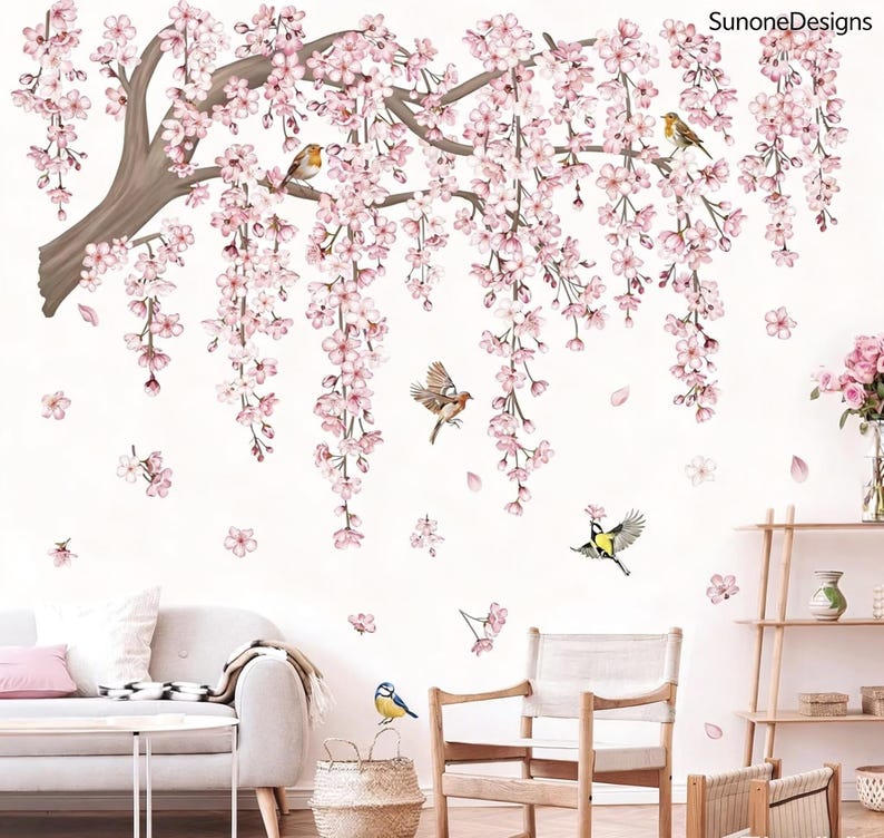 Large Pink Flower Tree Branch Wall Decals Cherry Blossom Tree Floral ...