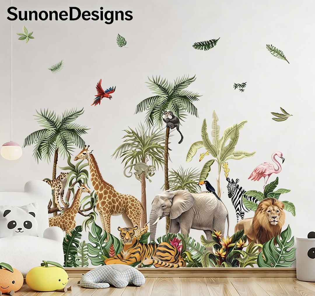 Large Safari Animals Tree Wall Stickers Jungle Animals Giraffe Elephant ...