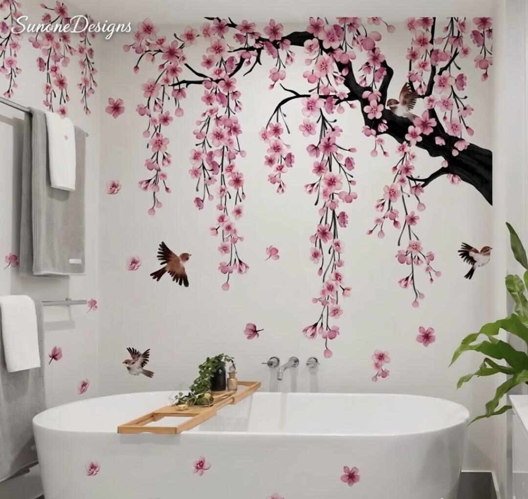 Large Pink Flower Tree Branch Wall Decals Cherry Blossom Floral Birds ...