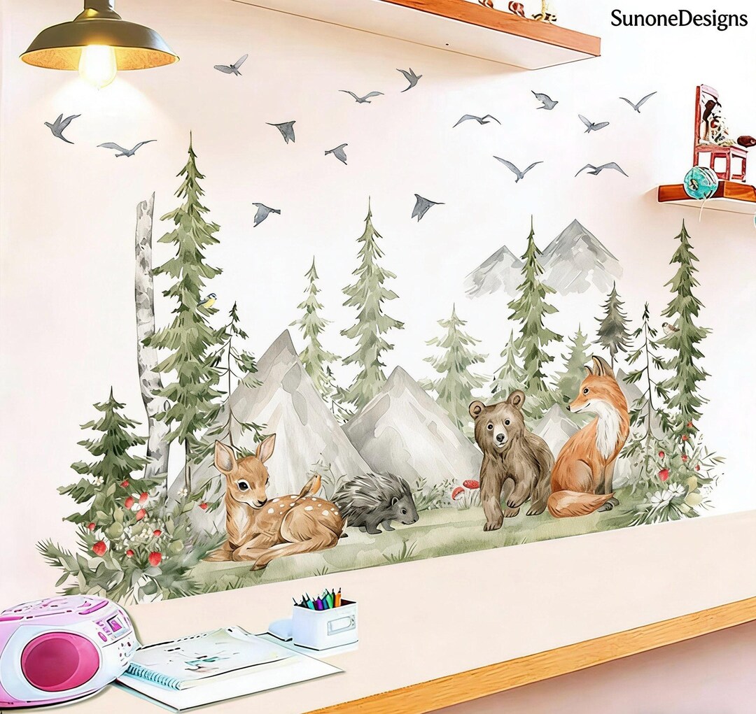 Mountain Tree Wall Stickers Large Pine Tree Forest Animals Stickers ...