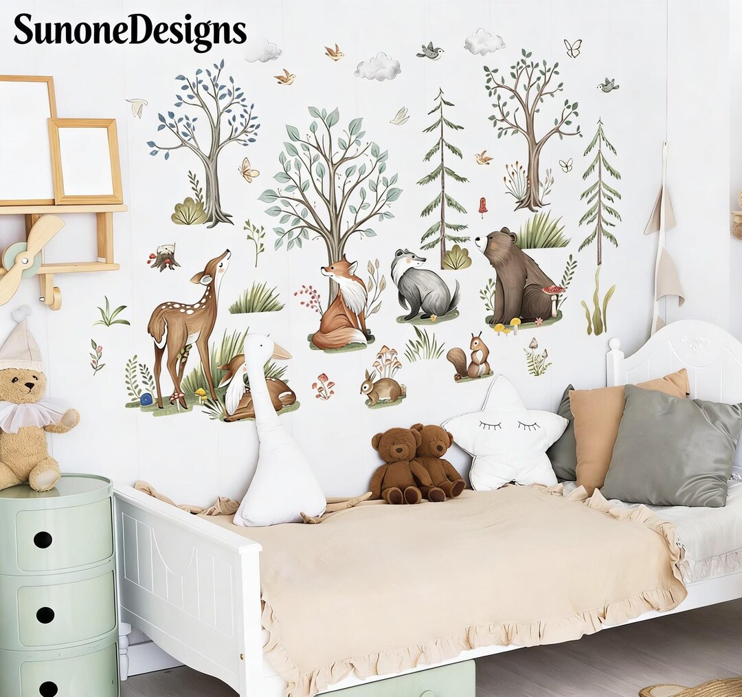 Large Forest Animals Tree Wall Decals Bear Deer Fox Woodland Wall ...