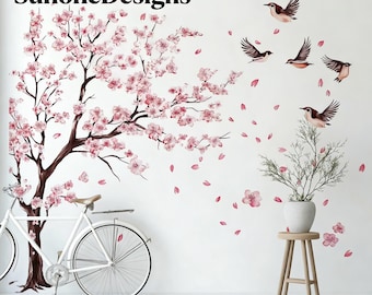 Large Cherry Blossom Tree Branch Wall Stickers Hanging Vine Tree Wall Decals Birds Wall Decals  Baby Nursery Bedroom Living Room Home Decor