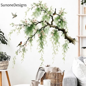May include: A wall decal featuring a watercolour-style illustration of a weeping willow branch with green leaves, small white flowers, and three birds. The text SunoneDesigns is printed in the upper left corner of the wall decal design.