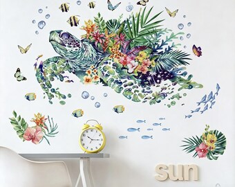 Ocean World decals, Sea Turtle Wall Sticker, Watercolor Ocean Animal Wall Decal for Kids Nursery, Removable Peel Stick Underwater Mural