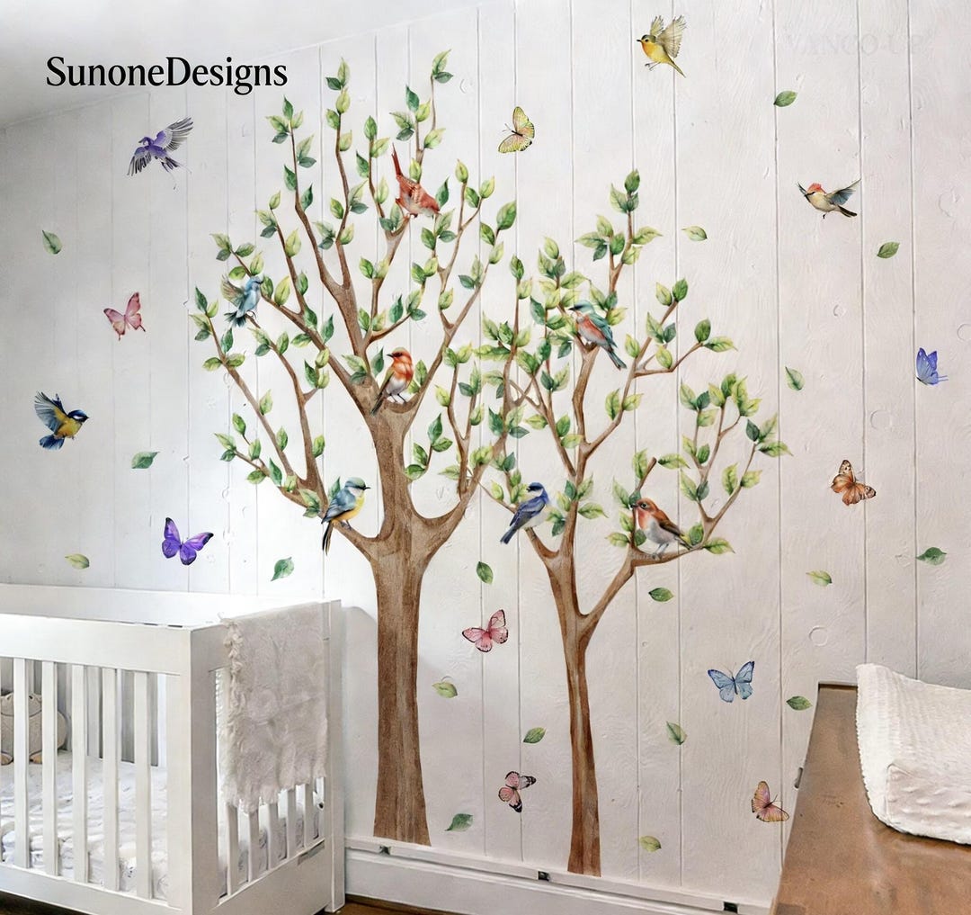 Large Green Tree Wall Stickers Flying Leaves Tree and Bird Wall Decal ...