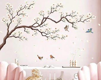 White Cherry Blossom Branch Wall Decal Stickers  Removable DIY Tree Murals Peel and Stick Art Home Decor for Girls Bedroom Nursery Rooms