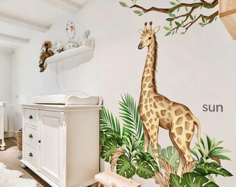 Watercolor giraffe wall decals Giraffe Wall Decals with Tropical Leaves Self-Adhesive for Girls Bedroom Living Room Nursery Decor