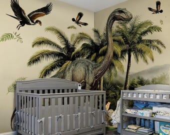 May include: A nursery with a dinosaur-themed mural featuring a large Brachiosaurus, palm trees, and flying pterodactyls. A gray crib and changing table are in the foreground. The text "SunoneDesigns" is in the upper left corner.