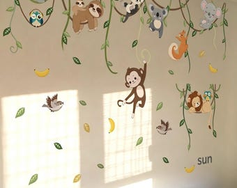 Jungle wall decals, safari wall stickers Monkey Wall Stickers,Jungle Animal Wall Decals For for Bedroom Living Room Sofa Kids
