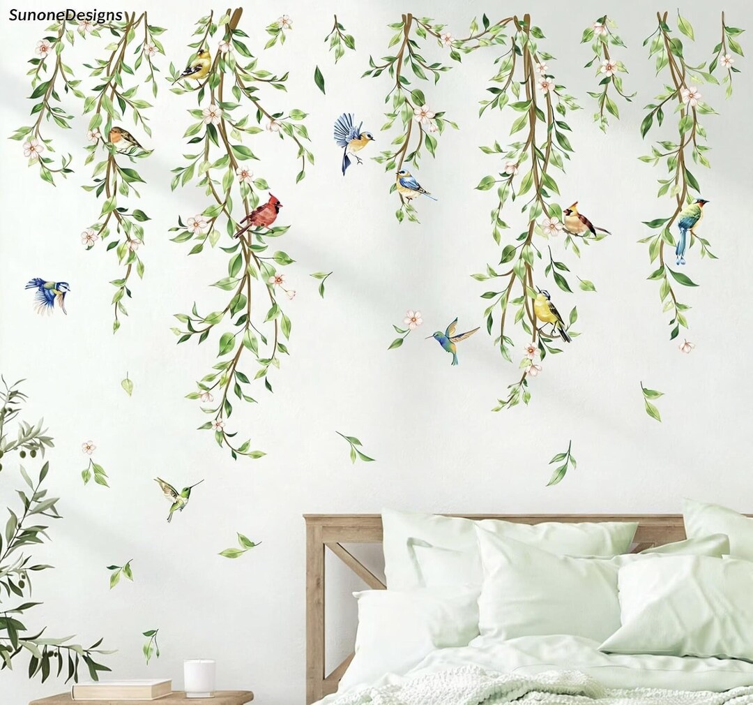 Hanging Vine Wall Decals Birds Green Leaf Wall Stickers Peel and Stick ...