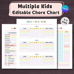 May include: A printable chore chart for multiple kids, with space for daily and weekly tasks. The chart includes sections for up to three children, with colorful headers and a points section. The text reads "Multiple Kids Editable Chore Chart."