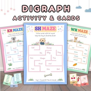 Digraph Maze Activity and Flashcards - Kids Consonant Blends and Digraph Sounds Practice, Initial Consonant Digraphs Sh Ch Th Wh Qu Wr Kn Ph