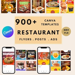 May include: A promotional image showcasing restaurant-themed Canva templates. The image features various food photos, including pizza, burgers, and desserts, along with the text "900+ Canva Templates Restaurant Flyers, Posts, Ads."