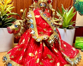 Handmade Mata Rani Dress Set – Durga Ji Poshak with Accessories (6 inches)