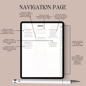 May include: A digital planner on a tablet with the title "Navigation Page." The screen displays an index and various sections like "Daily Pages" and "Emotional Toolkits." A white stylus rests below. Text highlights hyperlinks for easy navigation.