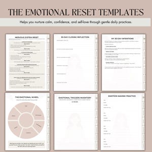 May include: A digital template set titled "The Emotional Reset Templates" with prompts for self-reflection and emotional well-being. The templates include sections for nervous system reset, closing reflection, and intention setting. The image also includes an emotional wheel and triggers inventory.
