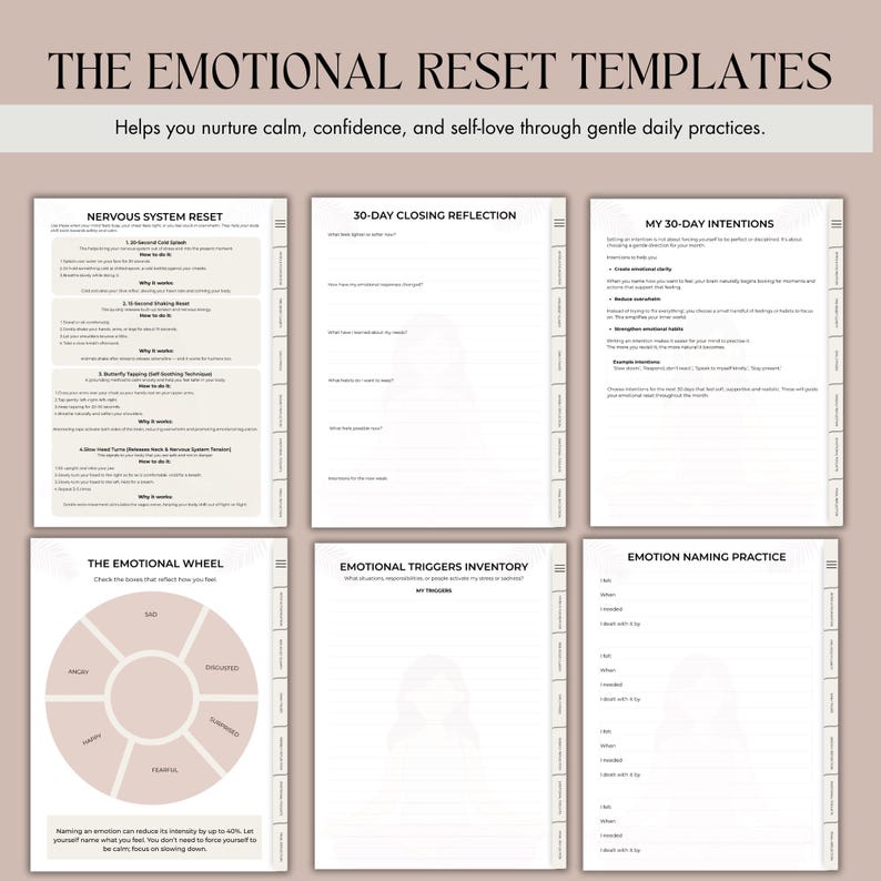 May include: A digital template set titled "The Emotional Reset Templates" with prompts for self-reflection and emotional well-being. The templates include sections for nervous system reset, closing reflection, and intention setting. The image also includes an emotional wheel and triggers inventory.