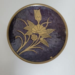 Vintage Brass and Enamel Pedestal Bowl with Floral Design | Footed Decorative Dish | Collectible Flower Accent Bowl