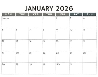 Grey and White Simple Modern 2026 Monthly Calendar