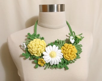 SALE/Unique Crochet Multicolor Bib Necklace, Crochet Necklace, Crochet Daisy and Marigold Flower Necklace, Mother’s Day Gift, Sornja